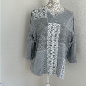 Alfred Dunner Gray and White embellished and Lace Women's knit top 1X